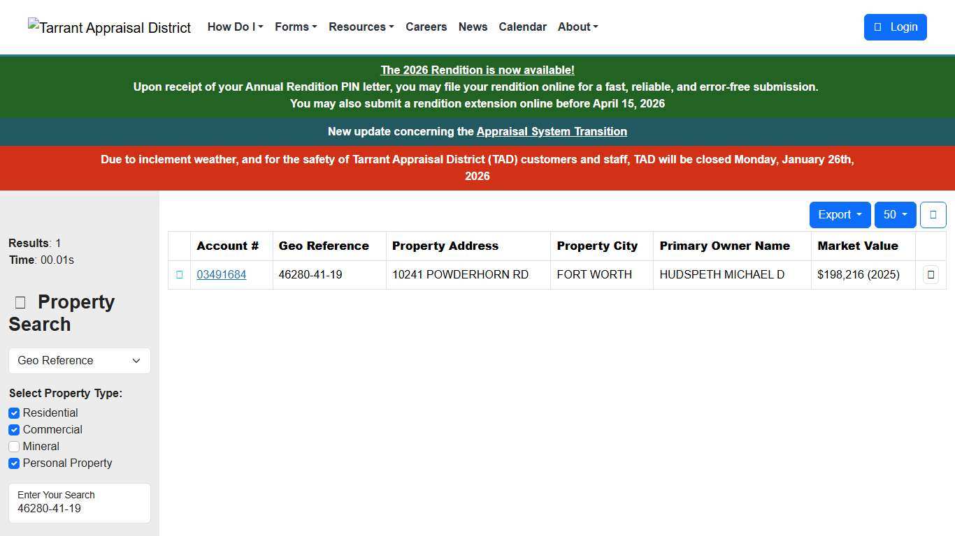 Property Search Results - Tarrant Appraisal District